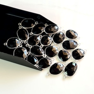 5 Piece Natural Gemstone Black Onyx Silver Connector ,Silver Charm Bezel Double Loop, Size- 11x14 To 13x17 mm Approx. Fancy Shape {E10318}