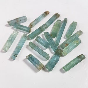 May include: A collection of light blue aquamarine crystals, each with a long, slender, and pointed shape. The crystals are scattered on a white surface.