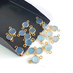5 Pieces Natural Aquamarine Gemstone Connector/ Aquamarine Gold Plated Silver Connector/ Coin Shape Connector/ Size: 6 mm to 8 mm Approx