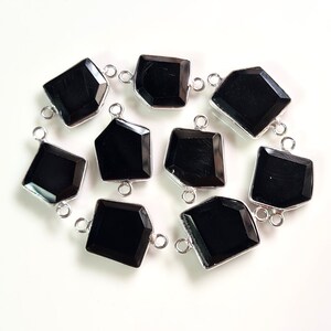 5 Piece Natural Gemstone Black Onyx Silver Connector ,Silver Charm Bezel Single & Double Loop, Size- 11x12 To 11x16 mm Fancy Shape {E10076}