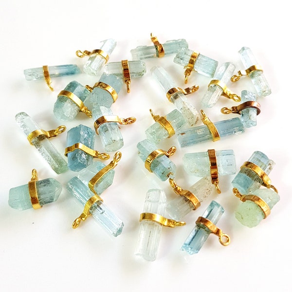 5 Piece Natural Aquamarine Connector Gemstone Sticks  925.StrealingSilver 14K Gold Plated Single Looped  Size-6x7 To 3x20 MM Approx. {E9957}