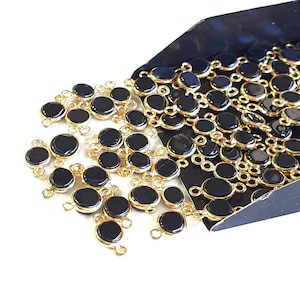 5 Pcs Natural Black Onyx Gemstone Connector | Black Onyx Smooth Coin Shape Connector | Double Loop Silver Connector | Size 5 to 7 mm Approx
