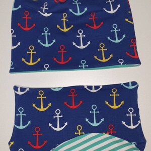 Maritimes Beanie und Loop Set zum Wenden Anker kombiniert mit 2 passenden Streifen und  Grösse wählbar