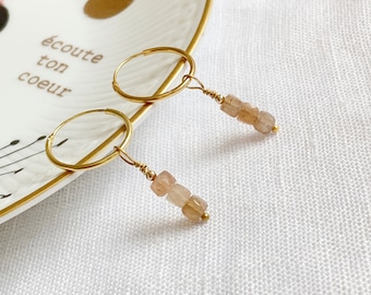 Small gold earrings with Sunstone charm, gift for her, Hoops with gemstones, Minimal earrings