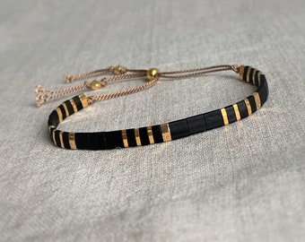 Tila beaded bracelet black and gold, Christmas gift idea for her, Adjustable Stacking bracelet