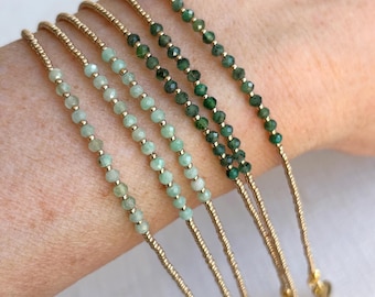 Bracelet natural Emerald gemstone and seed beads, Ultra skinny gem bracelet, Birthstone May gift