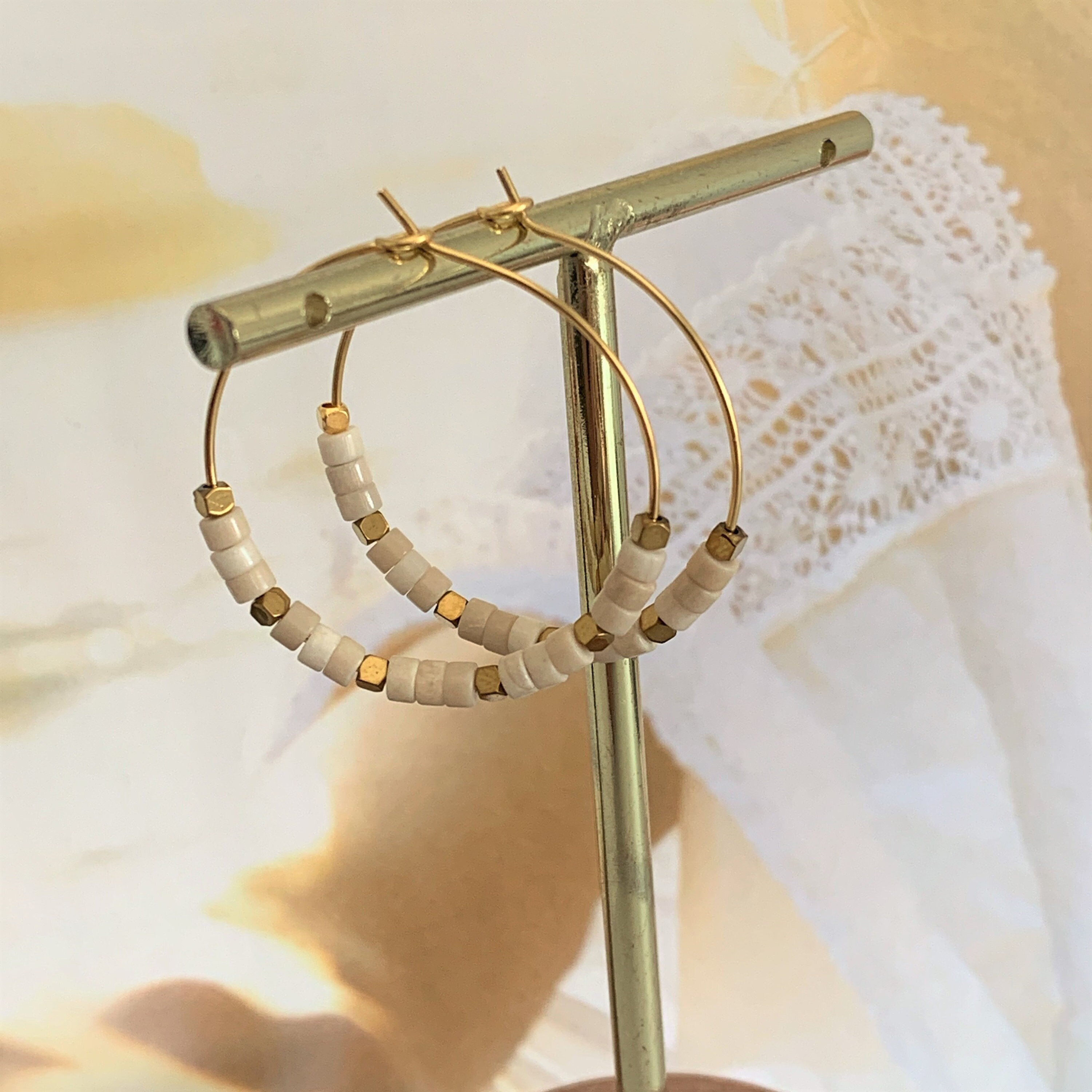 Stone Heishi Hoops White Fossil Jasper Hoops Gold Creole 30 Etsy