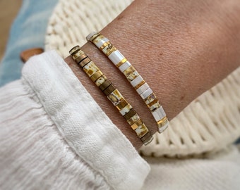 Cedar And Ink Bracciali Elastici Impilabili Oro Con Smalto - Set Di Braccialetti A Piastrelle Per Donna, Regalo Idea