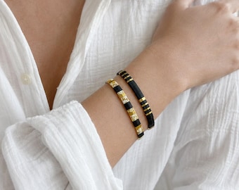 Set of 2 Tila beaded bracelets, Black and gold bracelets, Boho chic stacking braclets, elegant gift idea for friend