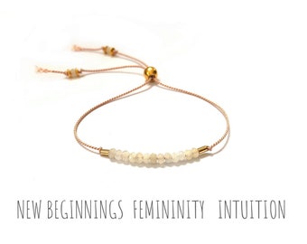 Adjustable Crystal Moonstone bracelet, Adjustable silk bracelet, Birthstone June, dainty bracelet