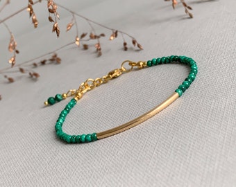 Dainty Malachite gemstone bracelet with gold filled tube bead, green skinny gemstone stacking bracelet