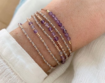 Set of 2 bracelets with Amethyst, Birthstone February, dainty silk and gem bracelet with a gemstone wrap