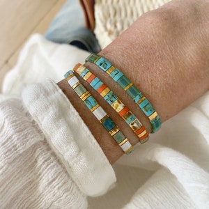 Stack of 3 Tila beaded bracelets, colorful large square beads bracelet, gift idea for her