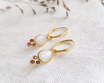 Gold plated sterling 925 silver Hoops with gemstone charm, earrings with Moonstone, Christmas gift for her