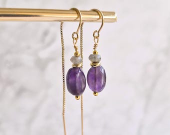 Gold filled threader earrings with Amethyst and labradorite, Dangle gemstone earrings for sensitive ears