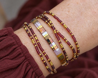 Burgundy Bracelet Set, Miyuki Tila and Wrap Bracelet, Gold Beaded Bracelet Set, Boho Jewelry, Adjustable Stacking Bracelets