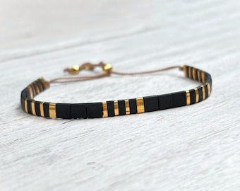 Tila beaded bracelet in black and gold, Adjustable Stacking bracelet,