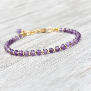 Può includere: Un braccialetto delicato caratterizzato da piccole perle di ametista viola sfaccettate alternate a minuscole sfere in metallo color oro lucido. Il gioiello include una chiusura a moschettone color oro e una catenella di estensione regolabile.