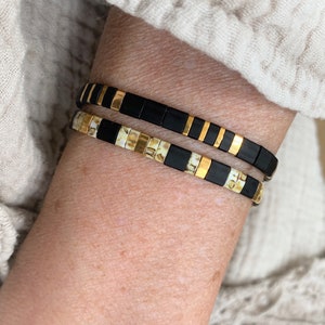 Set of 2 Tila beaded bracelets, Black and gold bracelets, Bracelet with large Japanese square flat beads
