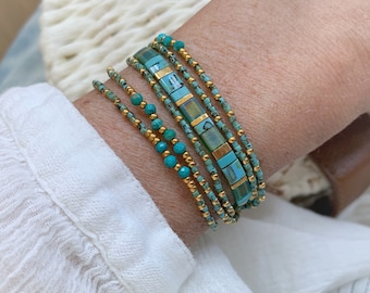Bracelet enroulé orné d'une turquoise et d'un bracelet Tila, bracelet serti de pierres précieuses et de perles japonaises, bracelet d'été pour les fêtes