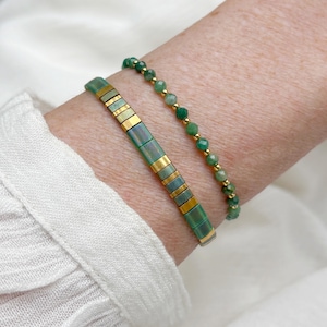 Set di bracciali con perline di tila e giada, gioielli boho chic, bracciali regolabili con pietra verde