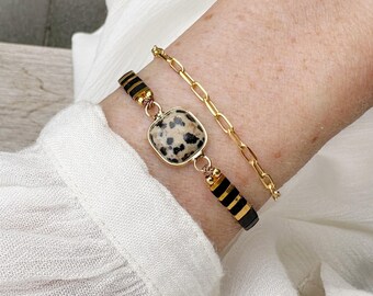 Black & Gold Miyuki Tila Bracelet with Dalmatian Jasper,  Adjustable Gemstone Bracelet, handmade Boho Jewelry