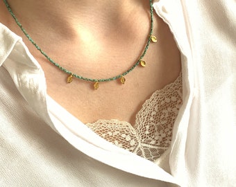 Short beaded necklace, Seed bead choker with gold plated leafs, layering necklace, gift for her