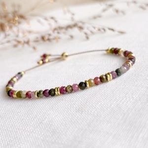 Bracelet with colorful Tourmaline gemstone beads, Gift idea for mother, Silk cord bracelet