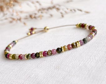 Bracelet with colorful Tourmaline gemstone beads, Gift idea for mother, Silk cord bracelet