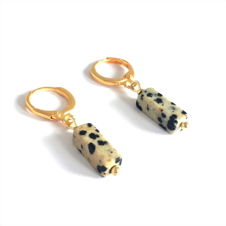 tiny earrings Gold PLated Hoops with natural stone charm small gold plated Creole