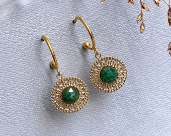 Jade earrings, Christmas gift idea for her, Hypoallergenic gold plated steel hoops