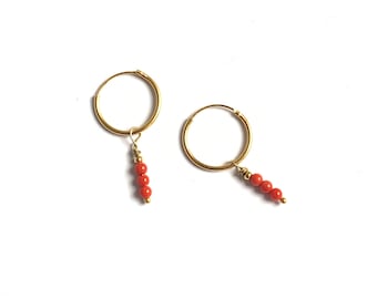 Tiny vermeil Hoops with Coral charm, Gold hoops, Christmas gift idee for her, Small gold hoops