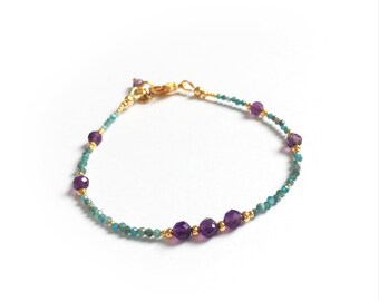 Amethyst and Apatite Bracelet, Boho gemstone Bracelet, Birthstone February gift, stacking bracelet