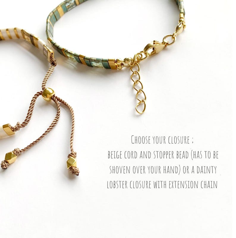 May include: Two bracelets featuring rectangular beads in green, gold, and white. One bracelet has a beige cord with a gold stopper bead, while the other features a gold lobster clasp and extension chain. Text reads: CHOOSE YOUR CLOSURE: BEIGE CORD AND STOPPER BEAD (HAS TO BE SHOVEN OVER YOUR HAND) OR A DAINTY LOBSTER CLOSURE WITH EXTENSION CHAIN.