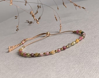 Bracelet with colorful Tourmaline gemstone beads, Birthstone October gift, dainty adjustable silk cord bracelet