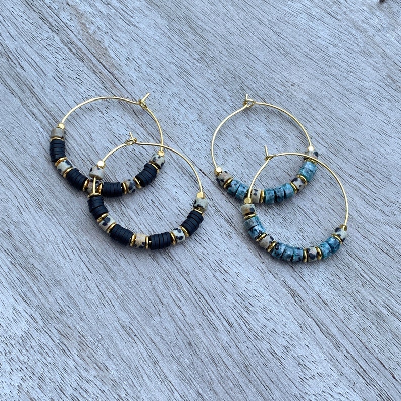 Heishi Hoops Gold, Semi Precious Stone Earrings, Heishi Hoops, Gold Creole 30 mm, Summer Jewelry image 5