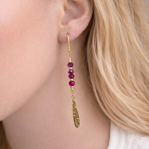 Dainty long earrings with Ruby, gold plated sterling silver earhook, Birthstone July jewelry gift