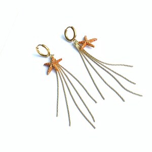 Oorringen met zeester en tassel, lange oorbellen, RVS hypoallergenen oorbellen