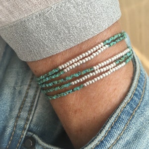 5 wraps stretch bracelet in silver and turquoise, Boho chic wrap bracelet, Christmas gift idea for her