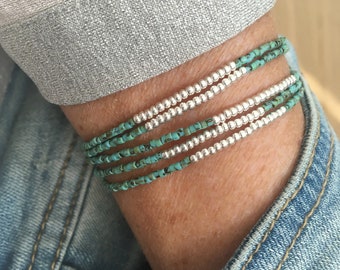 5 wraps stretch bracelet in silver and turquoise, Boho chic wrap bracelet, Christmas gift idea for her