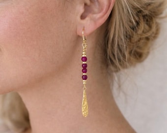 Dainty long earrings with Ruby, gold plated sterling silver earhook, Birthstone July jewelry gift