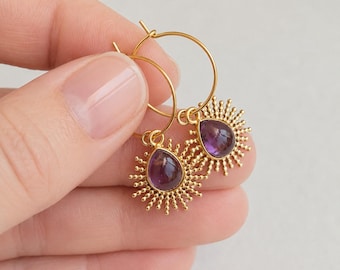 Stainless steel hoops (15 mm) with Amethyst gemstone charm and a gold plated steel sun, Birthstone February, tiny hoops with gemstone