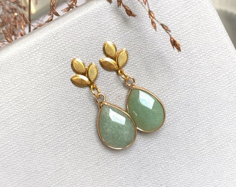 Dangle Earrings, Stud Earrings with Aventurine  gemstone charm, Letterbox gift idea for her