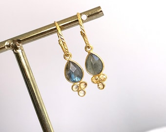Gold plated sterling 925 silver Hoops with gemstone charm, earrings with Labradorite, Earparty
