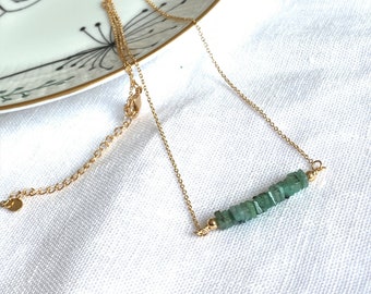 Gold plated necklace with gemstone bar, Emerald Jewelry, gift for her, Birtstone May gift