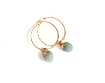 Stainless Steel Hoops, Hypoallergenic Earrings,  Gold Hoops with gemstone charm