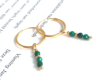 Small Hoops with Malachite charm, Gold plated Sterling silver earrings, Huggie hoops with gemstone