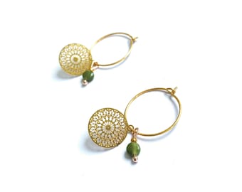 Stainless Steel Hoops, Hypoallergenic Earrings,  Gold Hoops with Jade