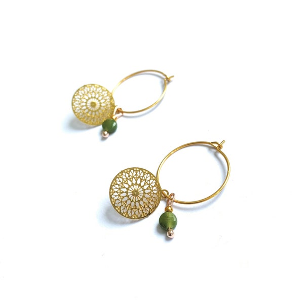 Stainless Steel Hoops, Hypoallergenic Earrings,  Gold Hoops with Jade