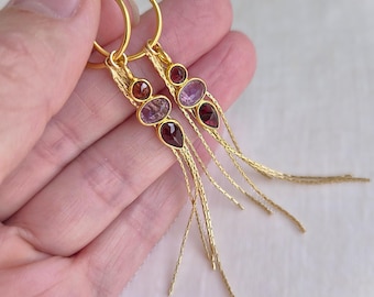 Festive Gold Dangle Earrings with Amethyst & Garnet – Removable Charms – Gold Plated Sterling Silver Hoops - Sparkling Christmas gift idea